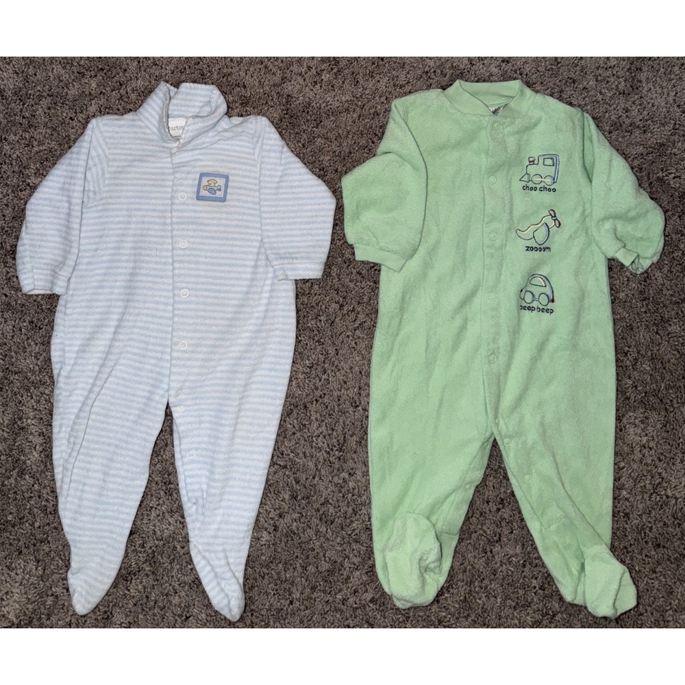 Vintage Carter's Green/Blue Terry Cloth Sleeper's Choo Choo Zooom‎ Beep Beep